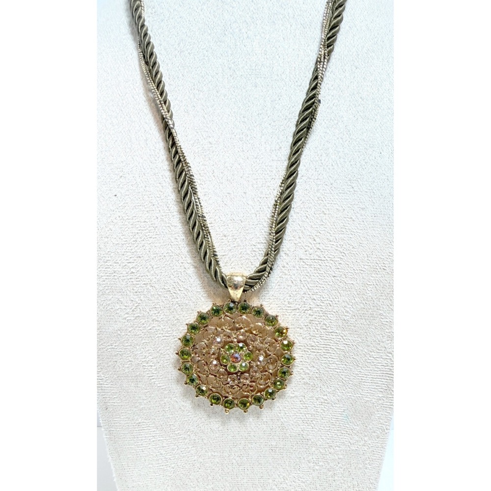 Green Yellow Glass Stone Medallion Necklace Olive Cord Gold Tone 18–21 Inch
